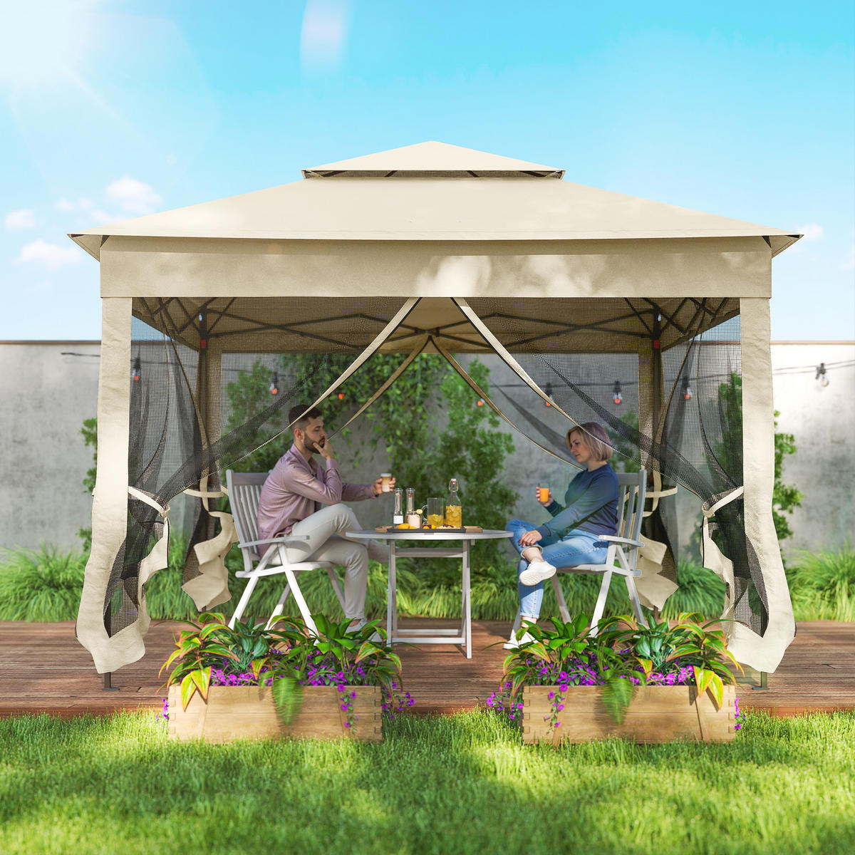 PAVILLON DE-13990 Pop-up 3/3 m, Doppeldach, Moskitonetze Creme - Creme, Textil (325/270/325cm) - ComfortXL