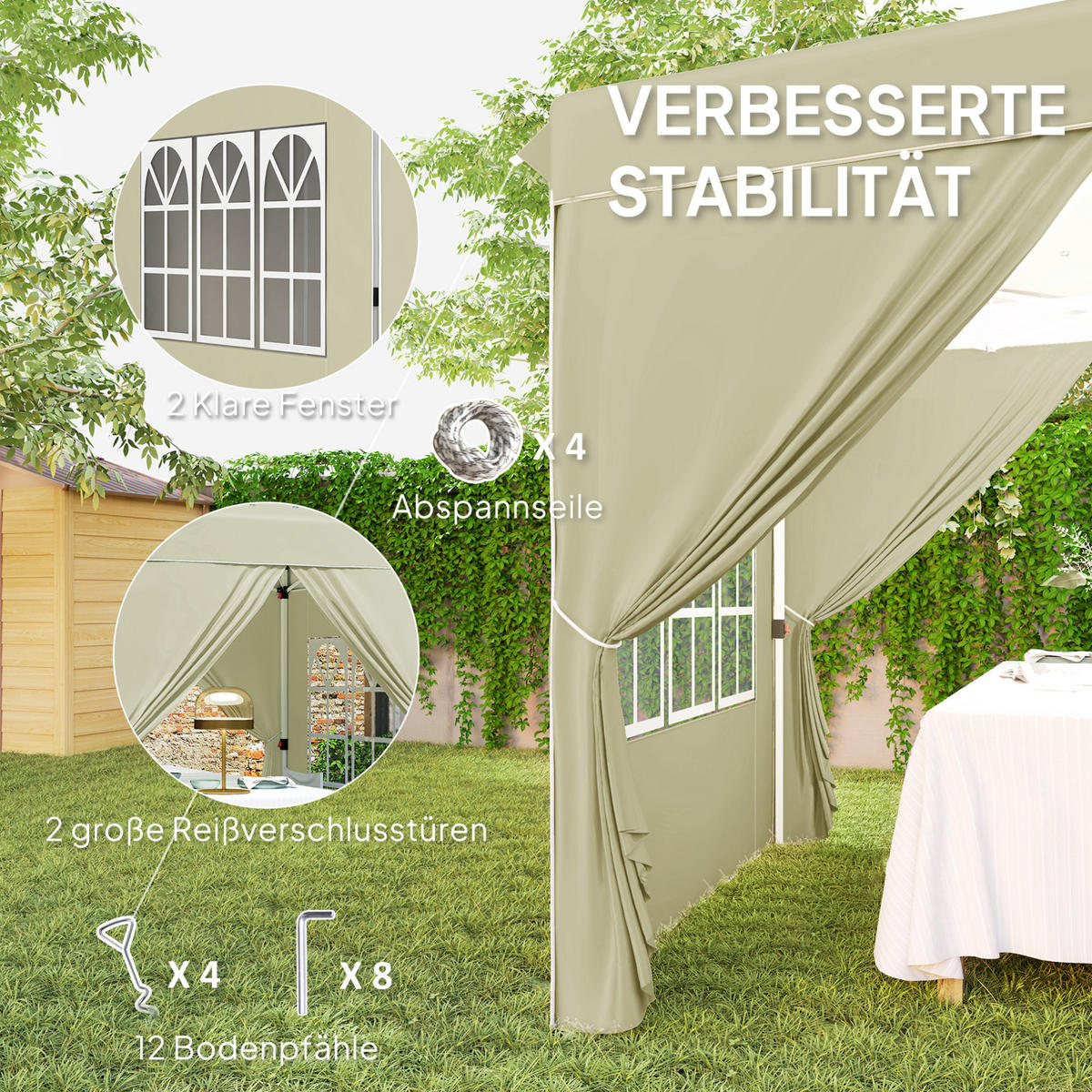 PAVILLON 248/248/270 cm mit Pop-up-Mechanismus, höhenverstellbar und UV-Schutz 50+, Cremeweiß - Beige, Textil (248/270/248cm) - Redom