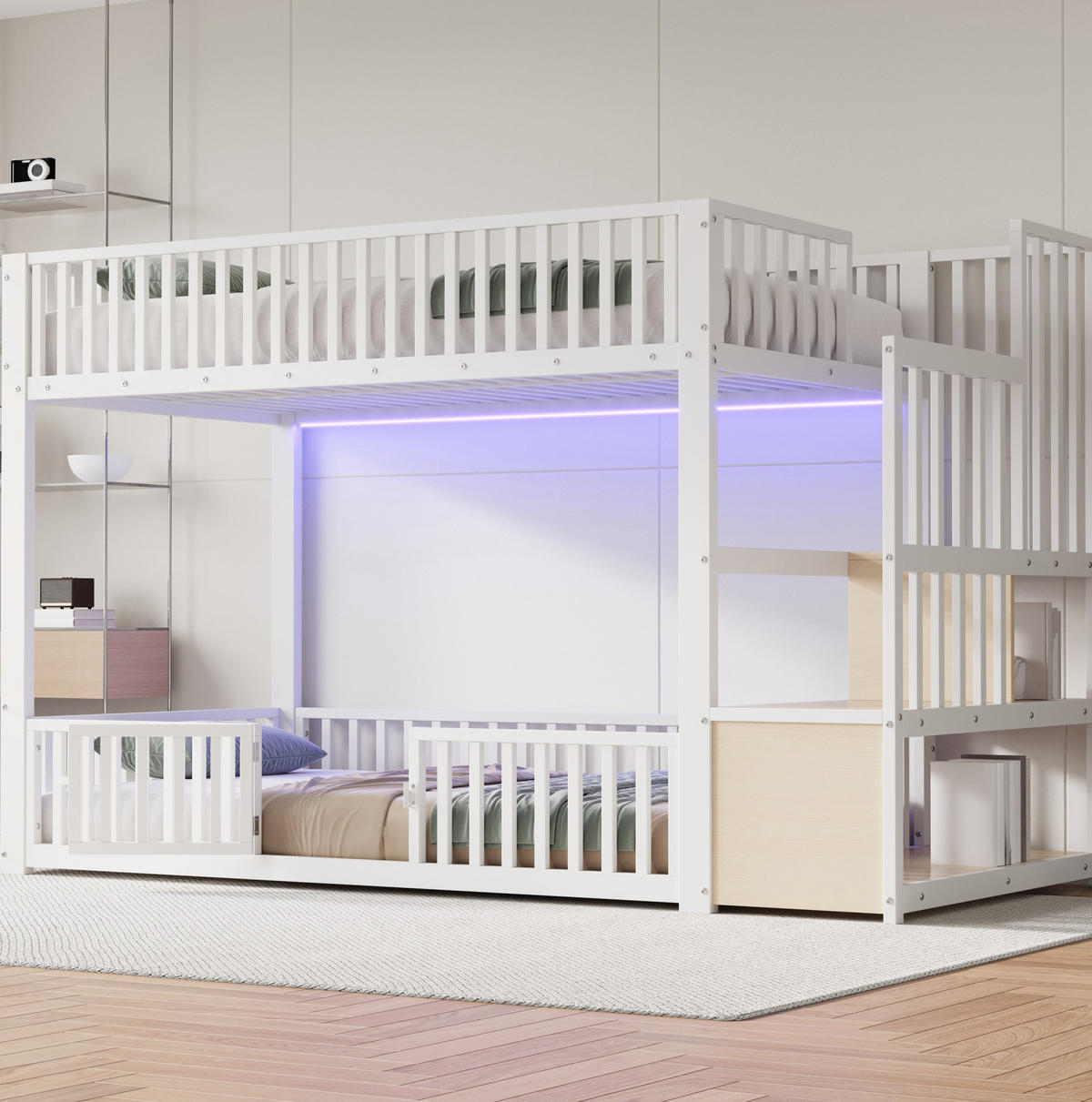 PATROVÁ postel 90/200 cm bílá z MDF a kovu s LED a úložným schodištěm - bílá, kompozitní dřevo (90/200cm) - OKWISH