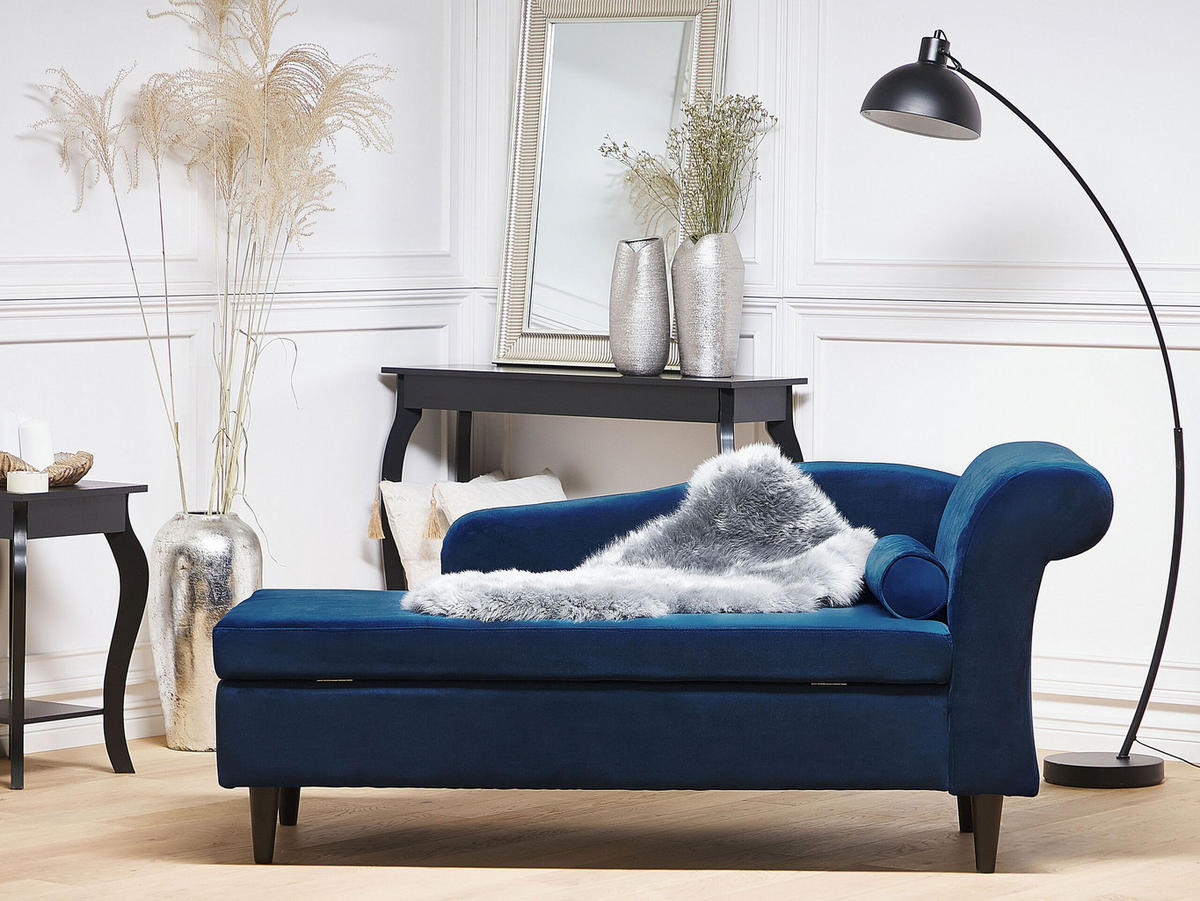 CHAISELONGUE Samtstoff marineblau rechtsseitig Luiro - Blau/Dunkelbraun, Textil (160/77/70cm) - Beliani