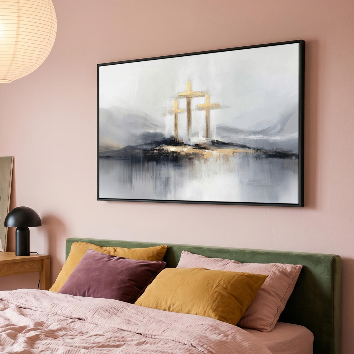 LEINWAND Bilder mit Rahmen - Abstrakt - Malerei - Christentum - Kreuz - 150x100 - Weiß, Textil (150/100cm) - MuchoWow