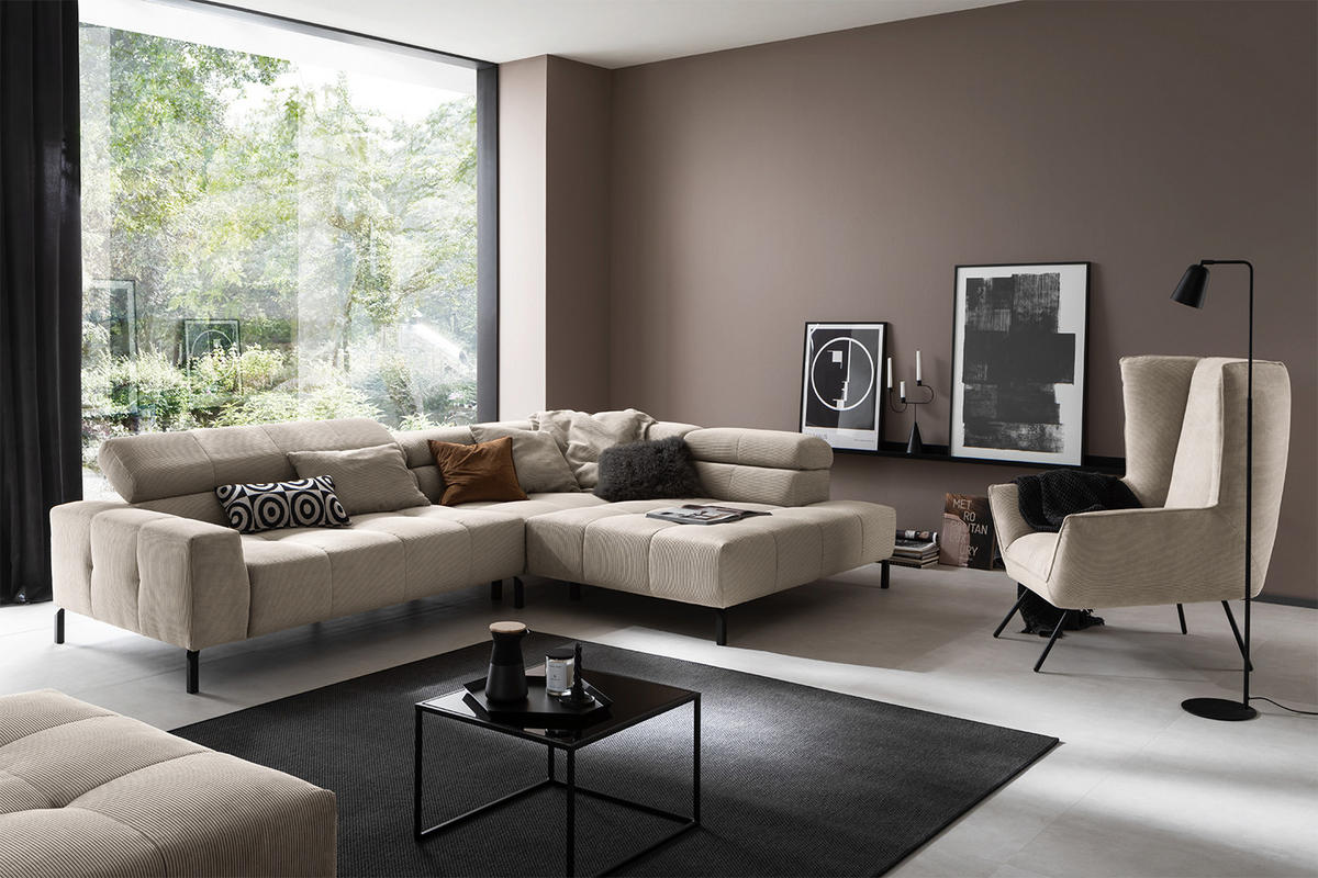 ECKSOFA OHIO Beige Cord - Beige/Schwarz, Textil/Metall (311/219cm) - KAWOLA