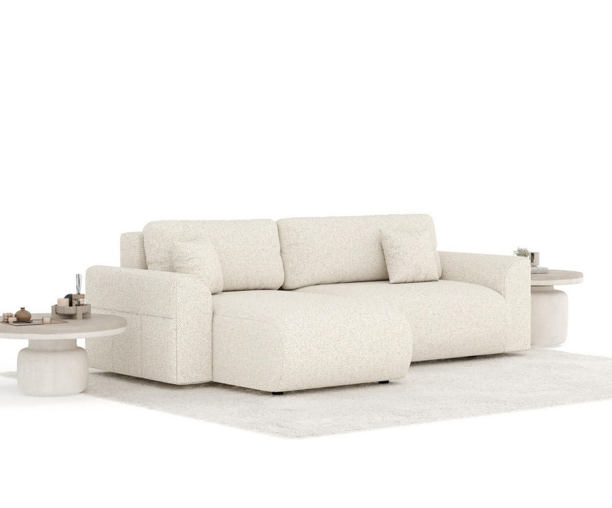 ECKSOFA MIT SCHLAFFUNKTION Bodega Creme Plüschstoff - Creme/Schwarz, Holz/Holzwerkstoff (235/138cm) - Maison de Reve