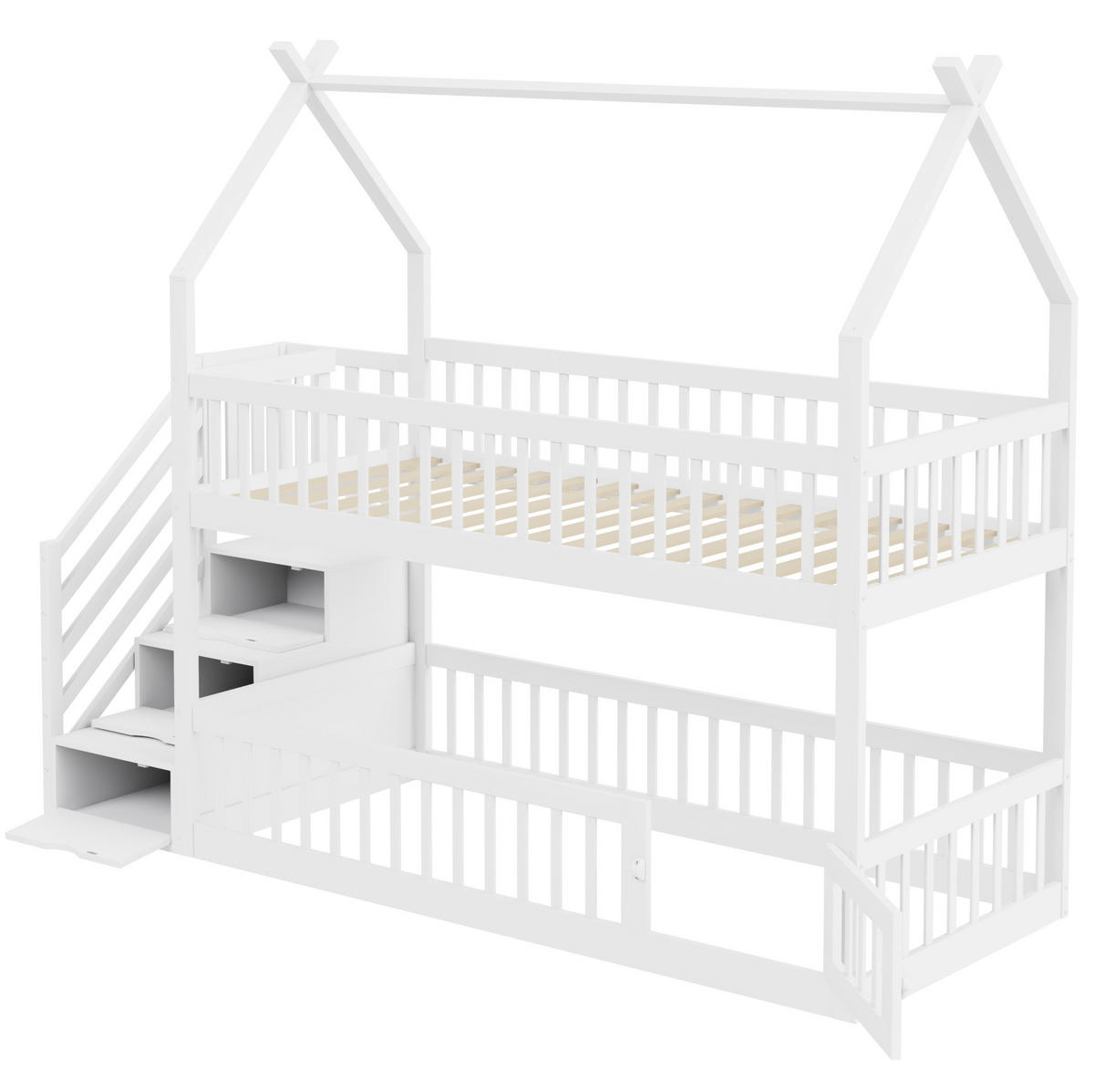 ETAGENBETT 90/200 cm mit Hausdach, Sicherheitstreppe und Schubladen, Weiß - Weiß, Holzwerkstoff (90/200cm) - Redom