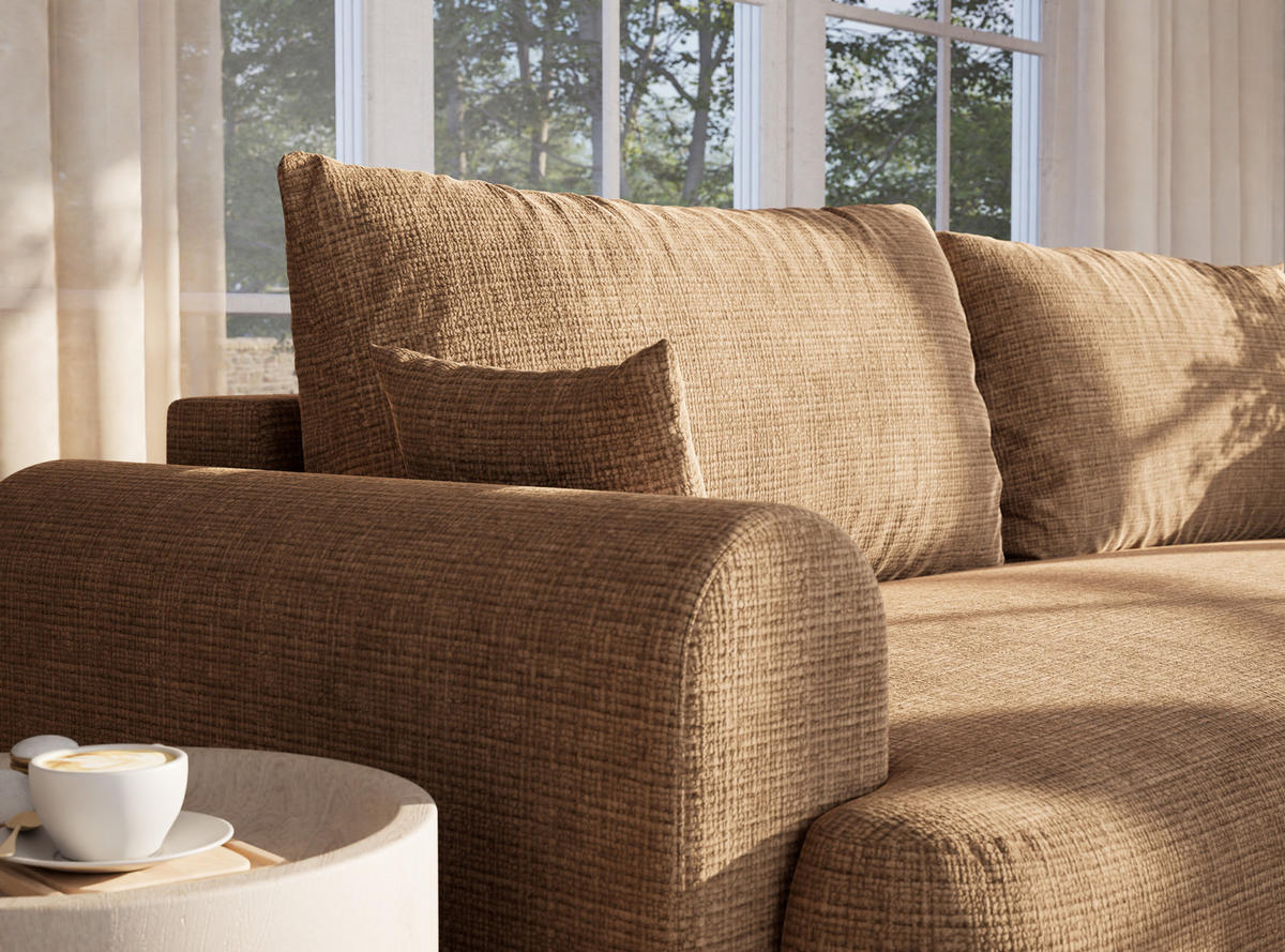 SOFA MIT SCHLAFFUNKTION Toluca Hellbraun Chenille-Stoff - Hellbraun/Schwarz, Holz/Holzwerkstoff (247/69/104cm) - Maison de Reve