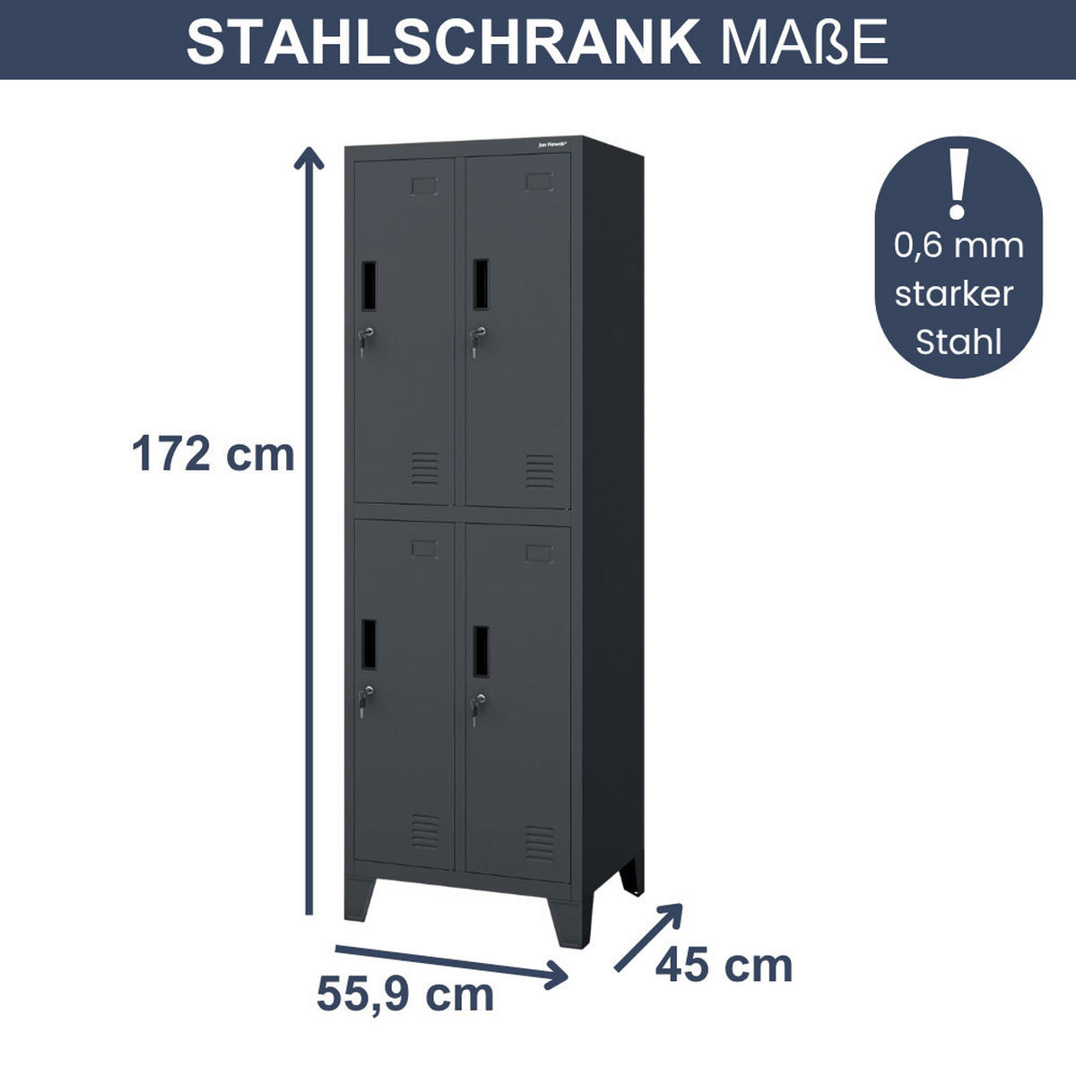 UMKLEIDESCHRANK Spind BERLIN 4 Abteile 172x55,9x45cm Anthrazit - Anthrazit, Metall (55.9/172/45cm) - DELUKE