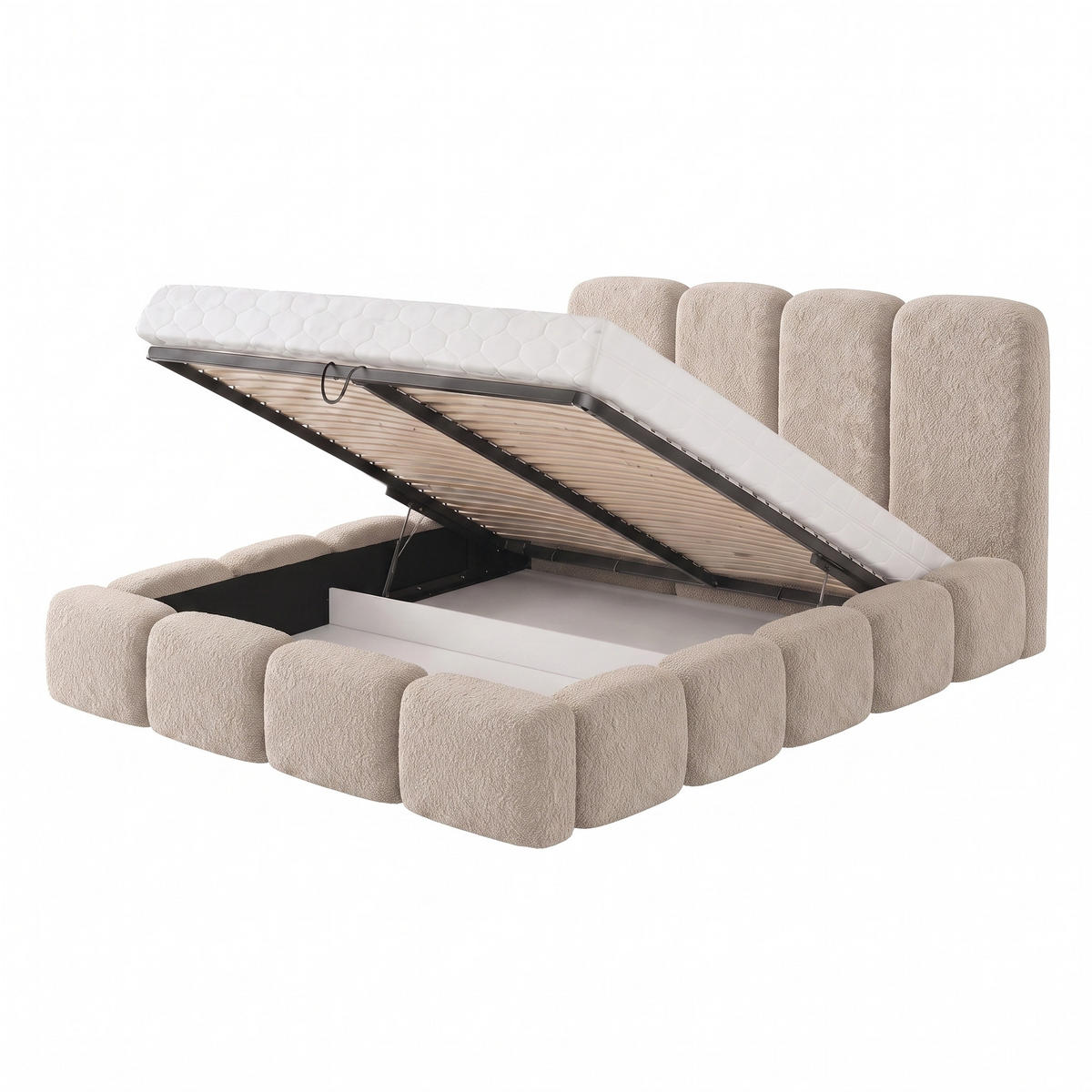 POLSTERBETT SUENO MAXI 160x200 cm in Beige, gepolstertes Kopfteil, Metalllattenrost, Bettkasten, Bouclé-Stoff - Beige/Naturfarben, Holz/Textil (160/200cm) - Muffo