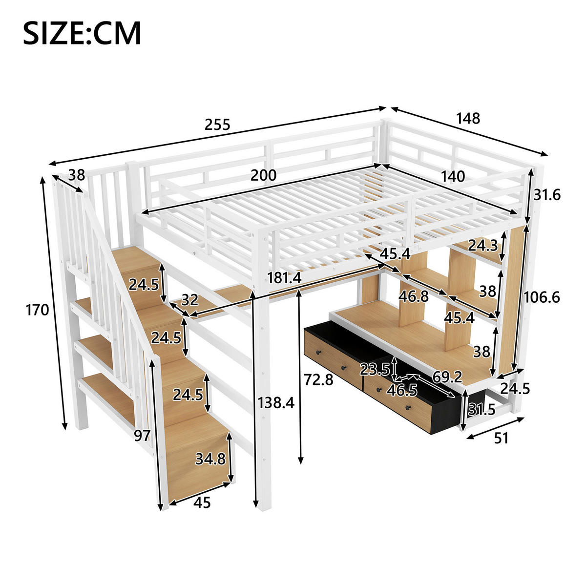 HOCHBETT 140x200 cm in Weiß mit Schreibtisch, Regalen, LED-Beleuchtung und Stauraumtreppe - Weiß, Holzwerkstoff (140/200cm) - IVMEU