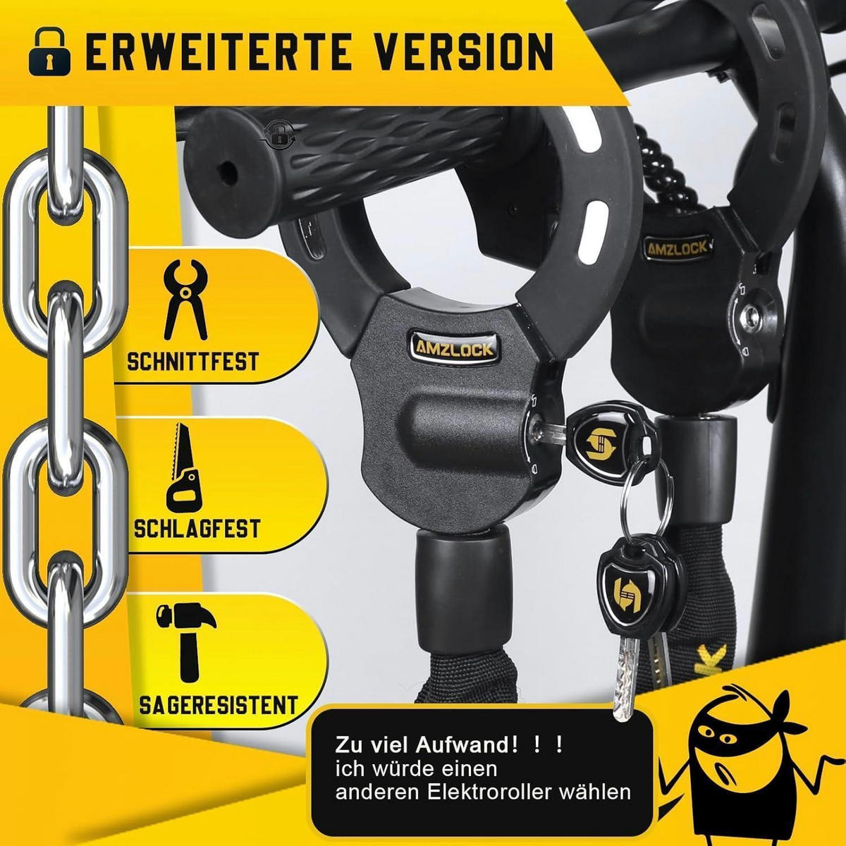 KETTENSCHLOSS für E-Scooter 8 mm Dicke mit Tasche und 3 Schlüsseln - Schwarz, Metall (15/13/30cm)