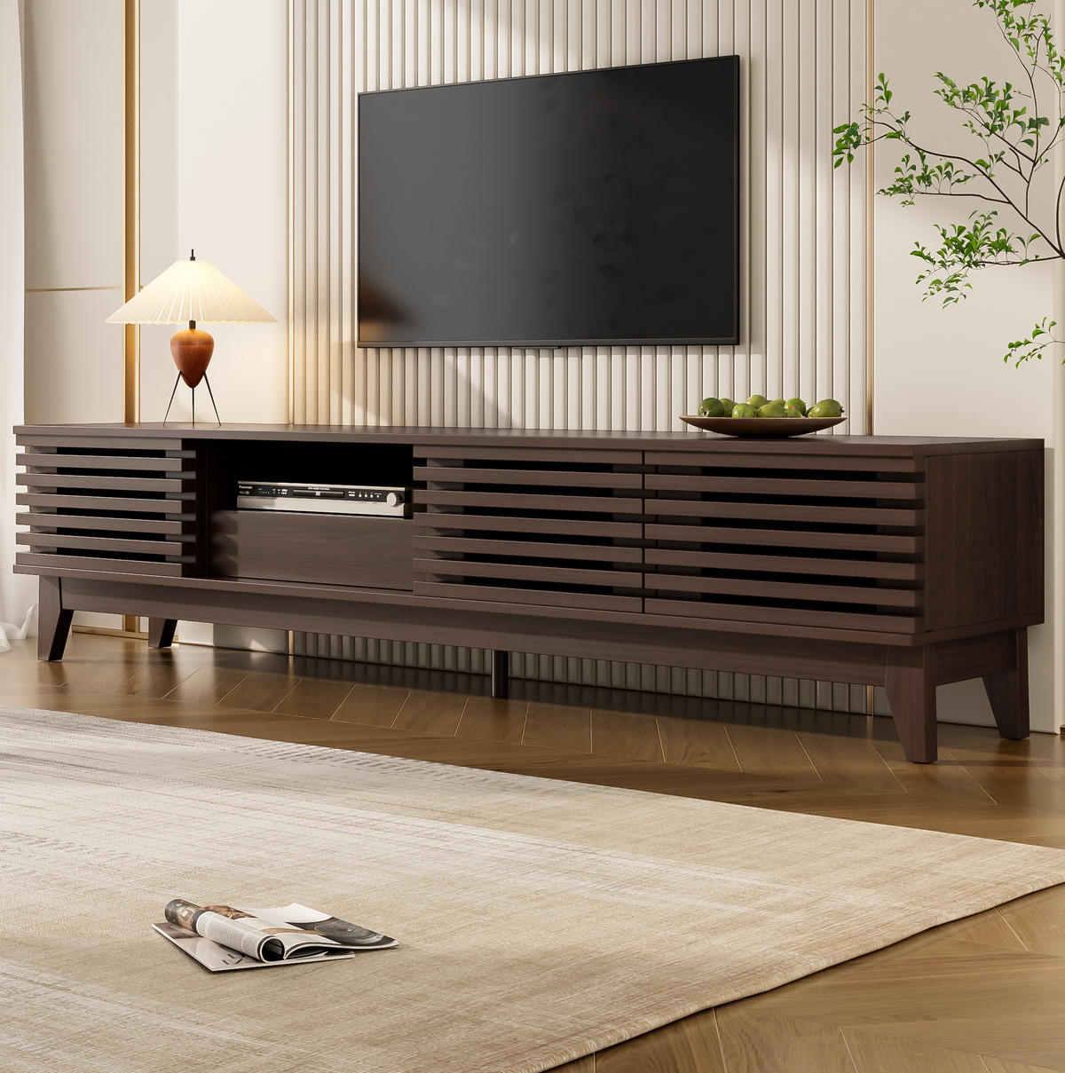 TV stolek 170/35/40 cm s třemi dvířky a zásuvkou, vintage lamelový design, Přírodní - přírodní, kompozitní dřevo (170/40/35cm) - Redom
