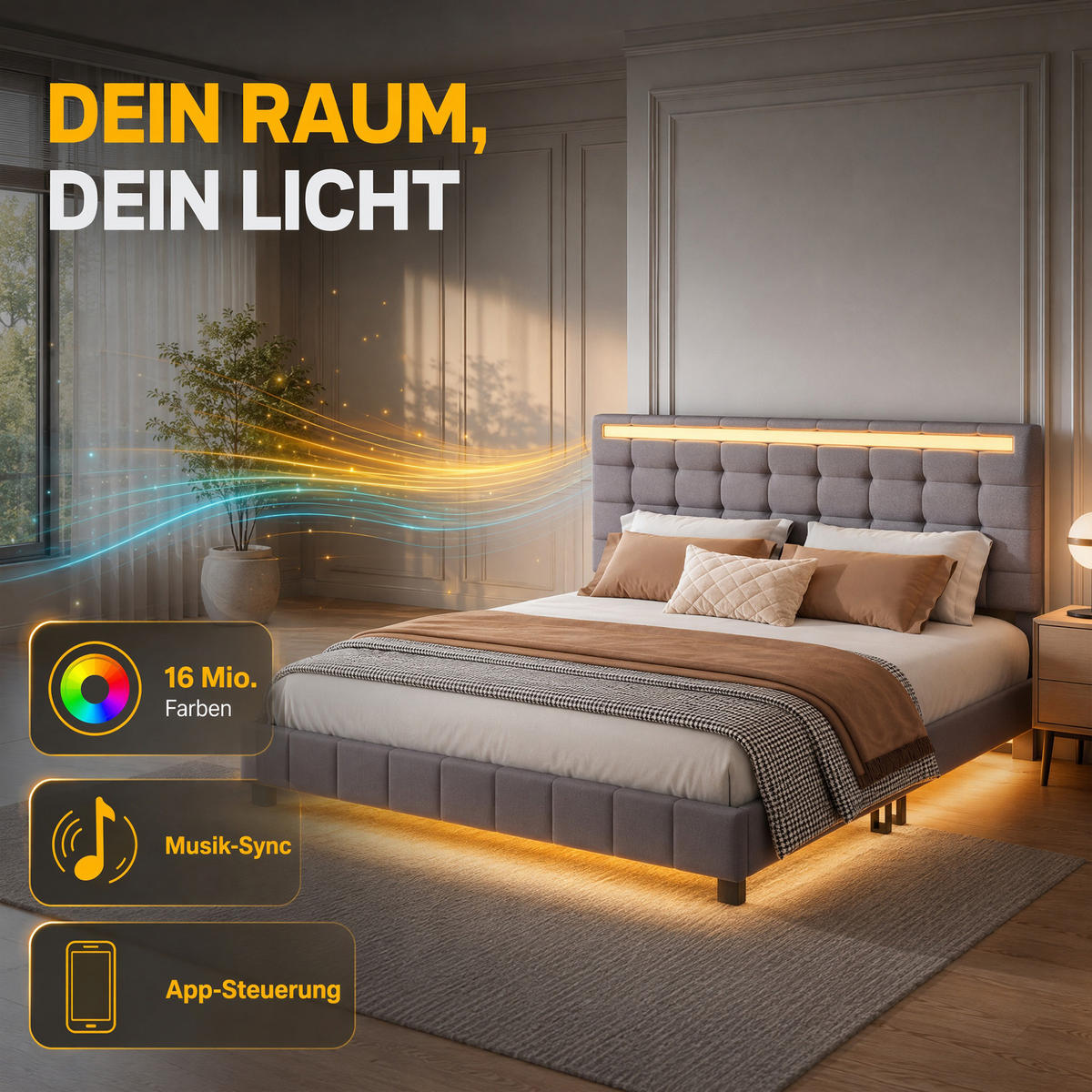 BETT 140x200 cm mit LED und USB, Doppelbett 140x200 cm mit Lattenrost, schwebendes Design, Leinenbezug Grau - Grau, Holz/Textil (140/200cm) - GENKI LIVING