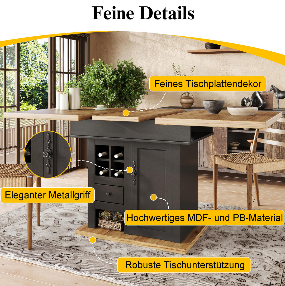 AUSZIEHBARER Esstisch aus MDF mit Stauraum, 110-140/80/75 cm, Schwarz/Natur - Schwarz, Holzwerkstoff (110/80/75cm) - Redom
