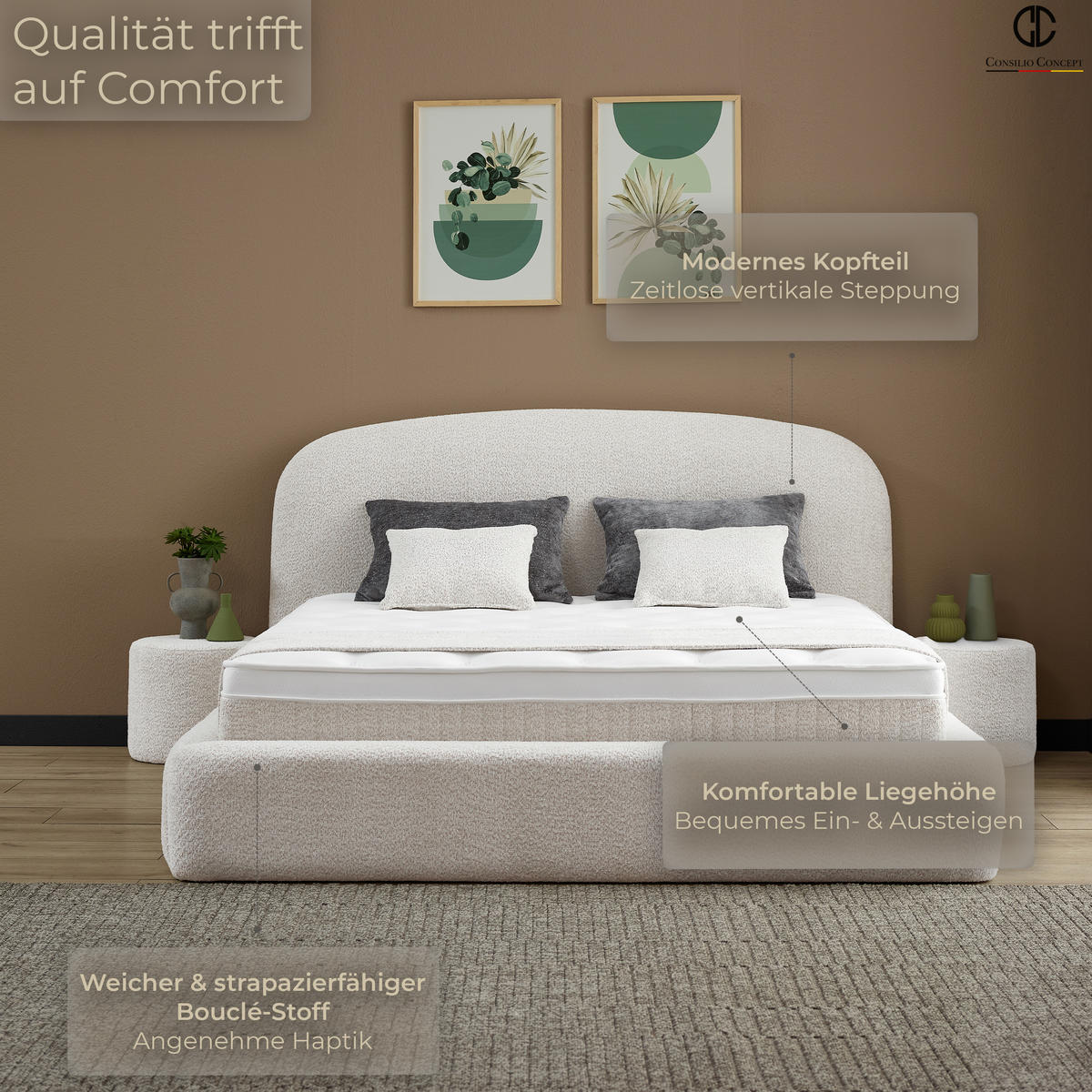BOXSPRINGBETT MIT BETTKASTEN EVORA 180/200 cm, Ivory, Bettkasten, Matratze, Topper integriert, H3 mittel - Creme/Schwarz, Holz/Kunststoff (180/200cm) - Consilio Concept