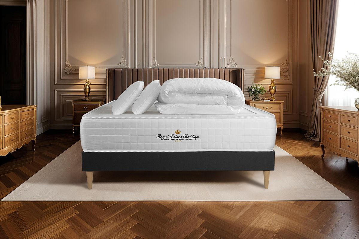 BETT Windsor Taschenfederkern und Memory-Schaum 180 x 200 cm h1 - Kit Bettgestell Schwarz - Mit Kissen und Bettdecke - Beige/Schwarz, Karton/Holz (180/200cm) - ROYAL PALACE BEDDING