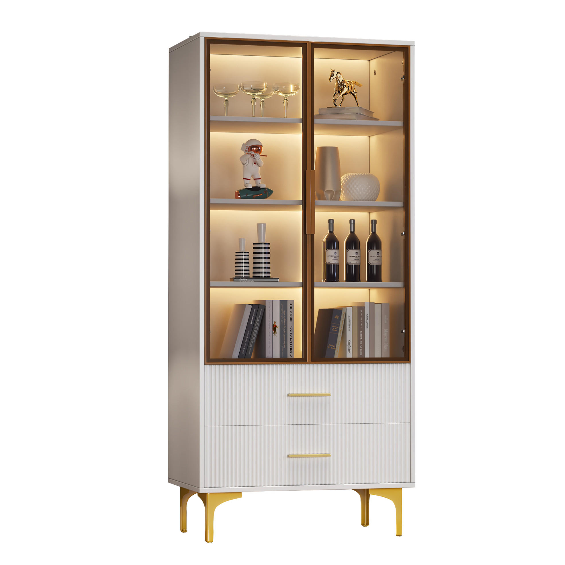 HIGHBOARD 70/35/150 cm in Weiß mit LED-Beleuchtung und 2 Schubladen - Weiß, Holzwerkstoff (70/150/35cm) - Flora Grace