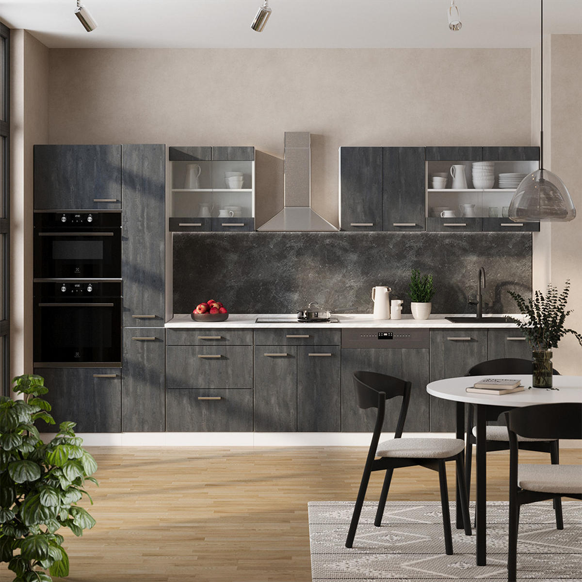 KÜCHENZEILE R-Line Schwarz Beton/Weiß 350 cm AP Marmor - Schwarz/Weiß, Holzwerkstoff (350/81.6/60cm) - Vicco