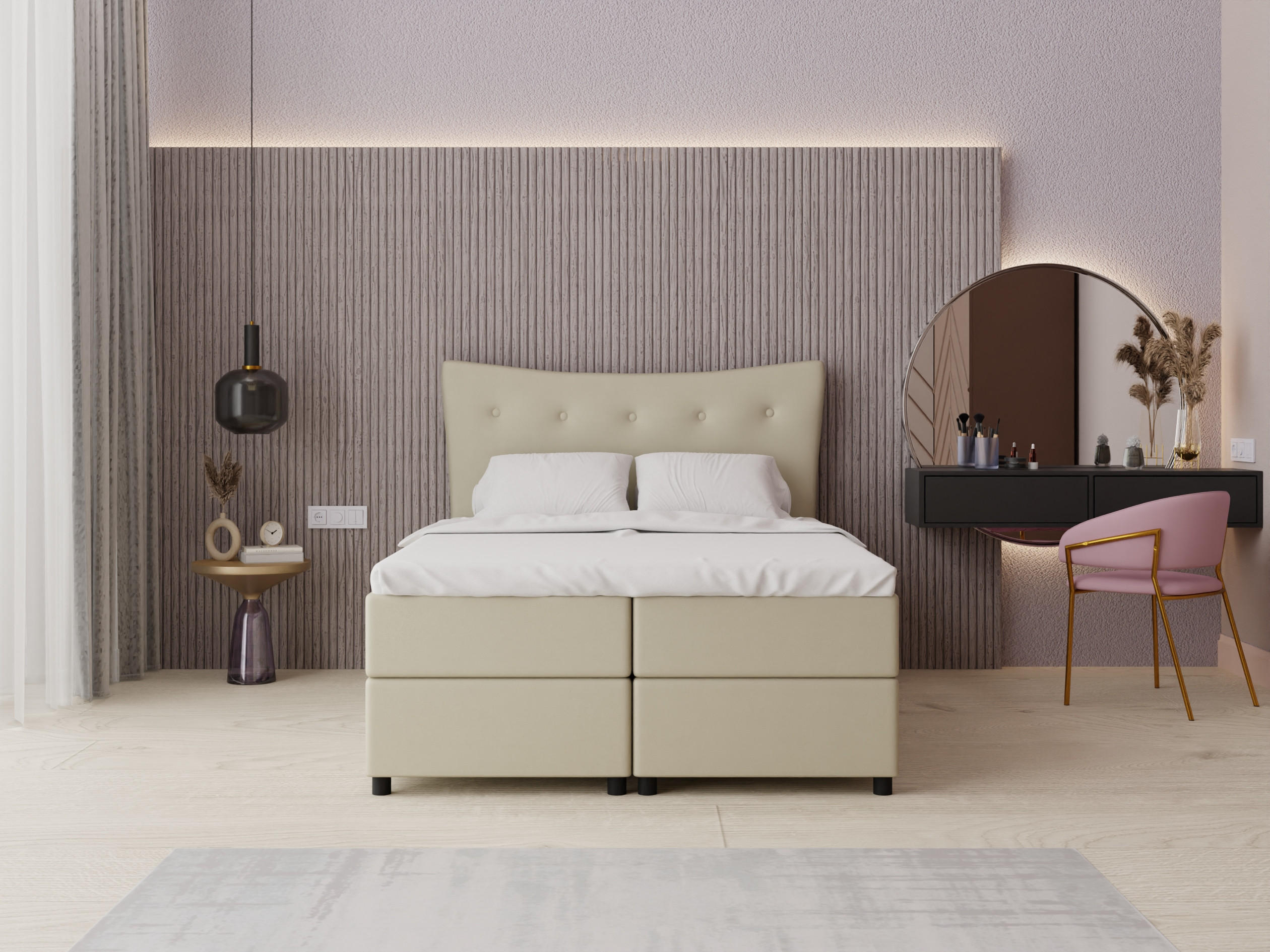 BOXBETT Nevada 140 x 200 cm Doppelbett mit hochwertiger Bonell-Matratze und Topper - ecru - Ecru, Holz (140/200cm) - Panda Möbel