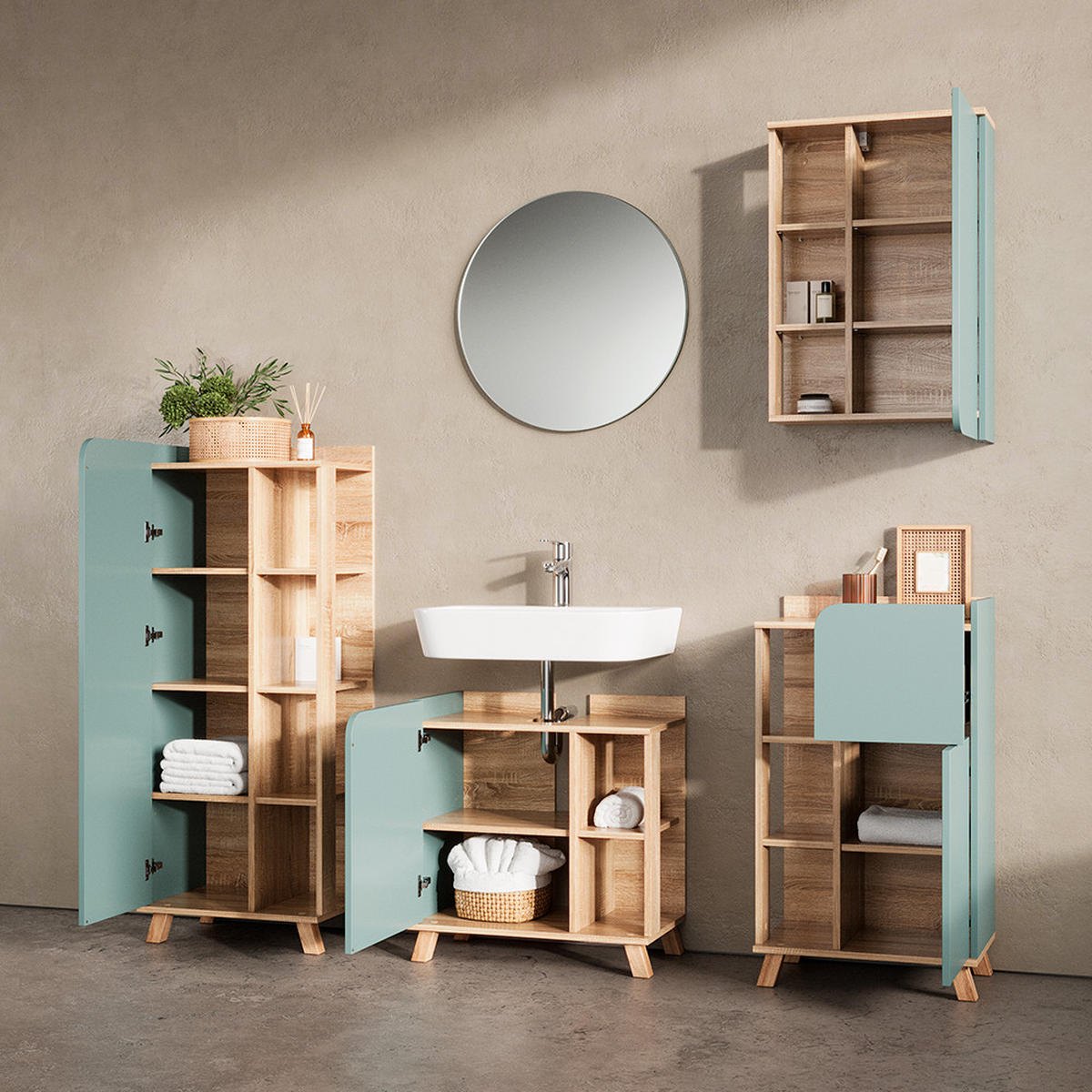BADSCHRANK Marano Blau-Grau 50 x 75 cm mit Tür und offenen Fächern - Blaugrau/Sonoma Eiche, Holzwerkstoff (50/75/20cm) - Livinity®