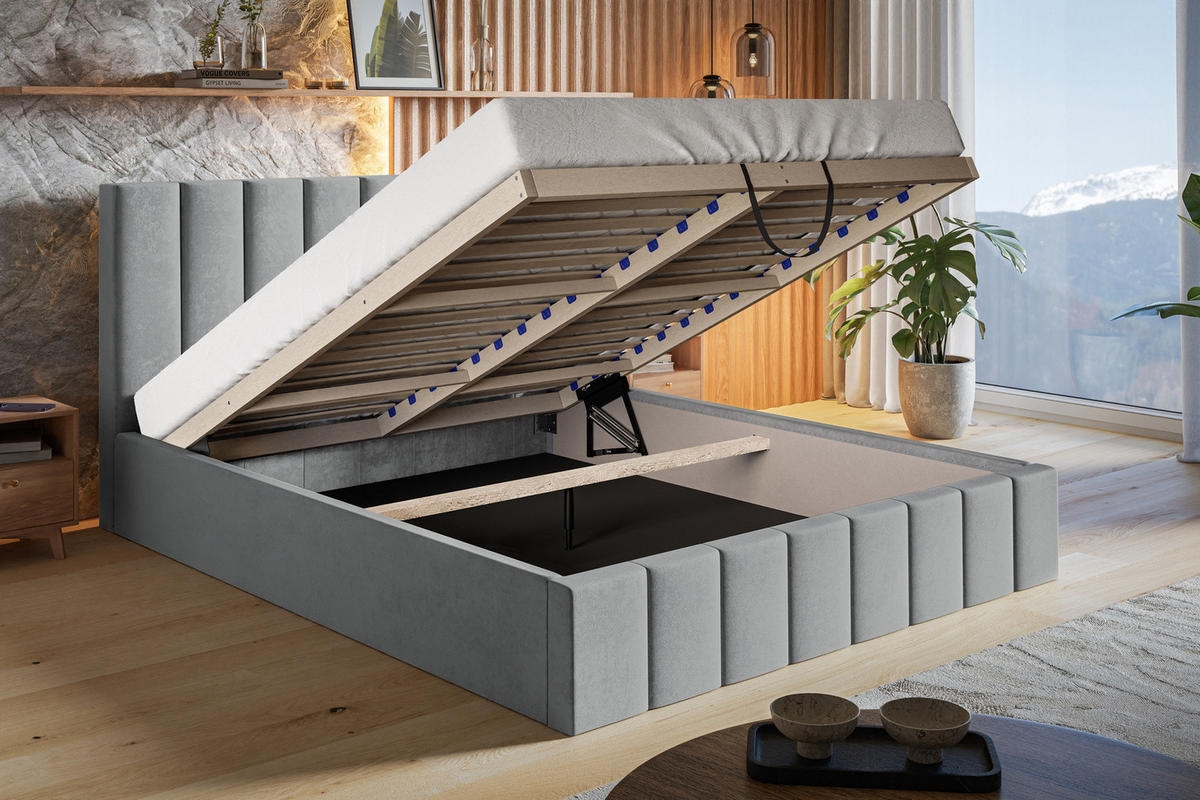 POLSTERBETT 180x200 Moris mit Kopfteil, Bettkasten Lattenrost, Blau - Blau, Holz/Textil (180/200cm) - Emporius