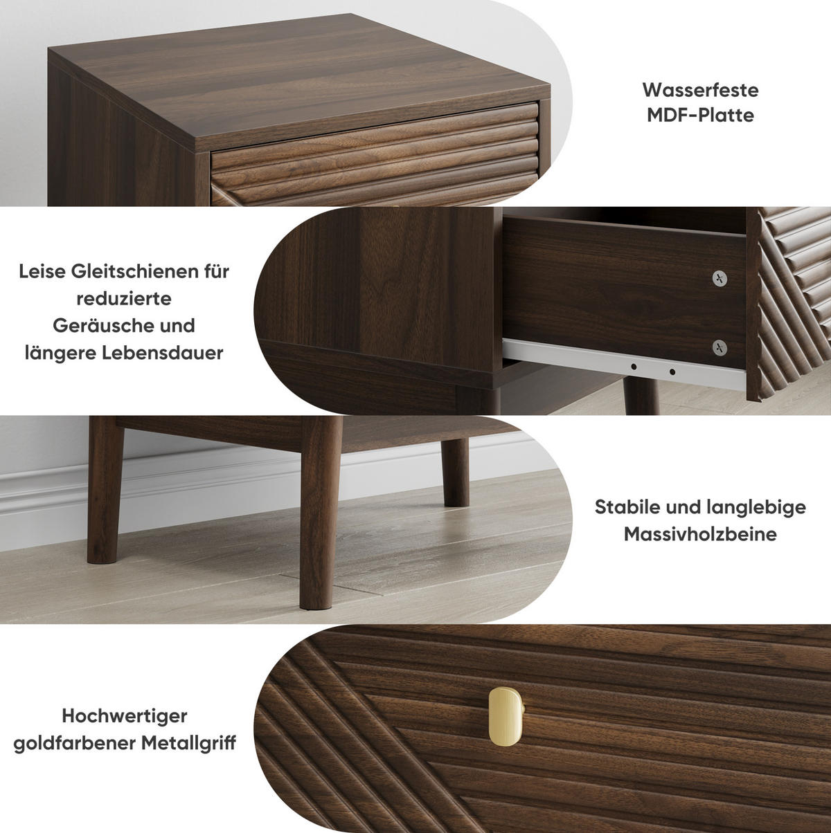 NACHTTISCH aus MDF 40x40x55 cm Walnuss mit 2 Schubladen, Metallgriffen und Rillendesign - Walnussfarben, Holzwerkstoff (40/55/40cm) - Modfu