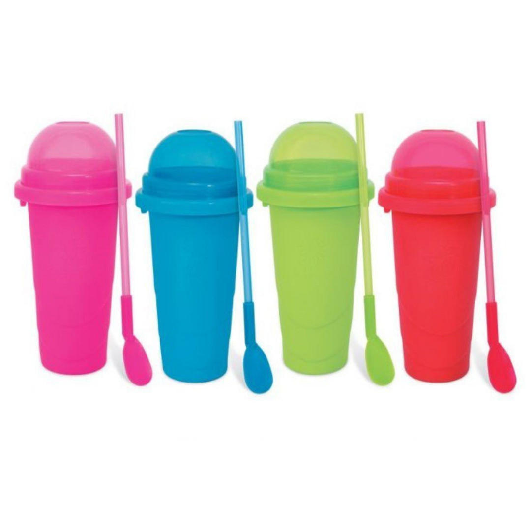 SLUSHY Eisbecher 4er Set Bunt, 240 ml, Deckel, Löffel-Strohhalm, Trinkbecher, Dessertbecher, Kinderbecher, Sommerparty, Slush Eis, Kunststoffbecher - Multicolor, Kunststoff (0.96L) - JUNG