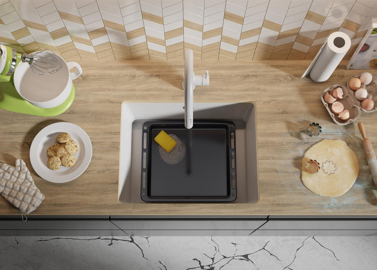 UNTERBAUSPÜLE GRANIT Venedig Easy, 2-er set Weiß 56/44 cm 1 Becken + Ablauf-Set ab 60er Unterschrank - Chromfarben/Weiß, Kunststoff (56/20/44cm) - Primagran