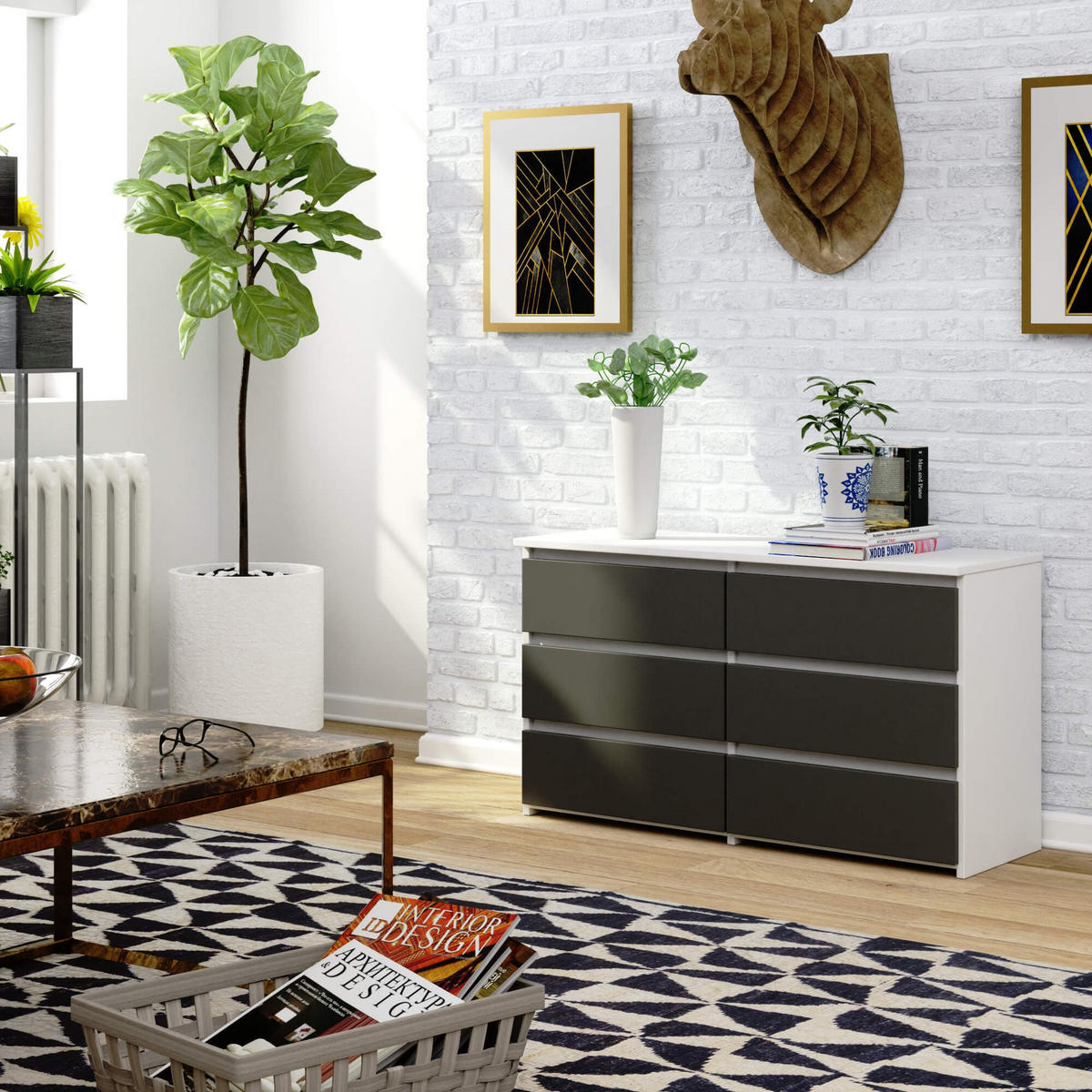 KOMMODE Weiß, Graphit Grau 57/100/35 - Weiß, Holzwerkstoff (100/57/35cm) - RAUMHIRSCH FURNITURE