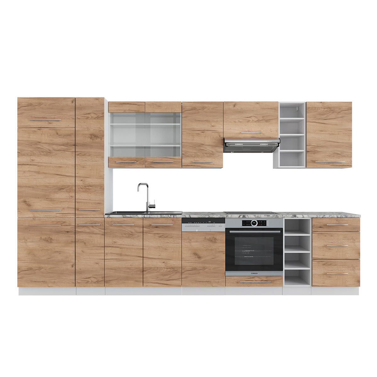 KÜCHENZEILE Fame-Line Goldkraft Eiche/Weiß 355 cm, AP Marmor - Honigeiche/Eiche Wotan, Holzwerkstoff (355/81.6/60cm) - Vicco