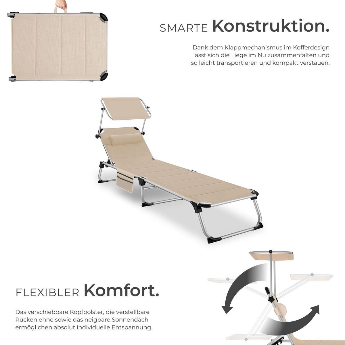SONNENLIEGE aus Aluminium Lorella, 200 x 60,5 x 34 cm, mit Seitentasche, beige - Beige, Kunststoff (60.5/115/200cm) - tectake