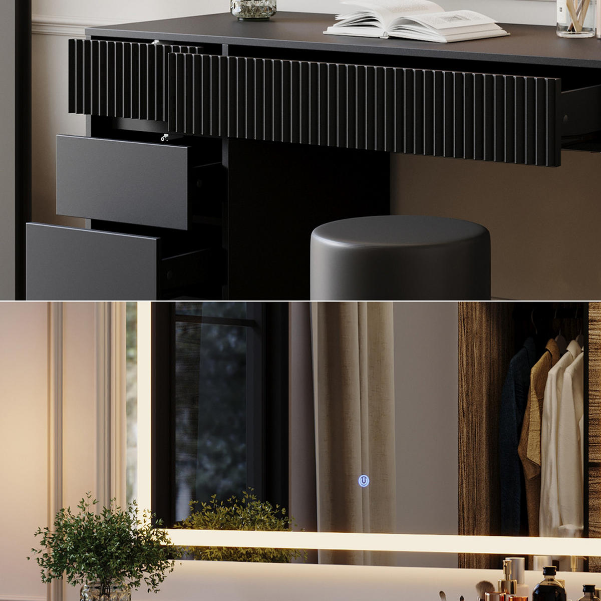 SCHMINKTISCH Omira Schwarz 120 cm mit LED-Spiegel und Hocker - Schwarz, Holzwerkstoff (120/76/55cm) - Vicco