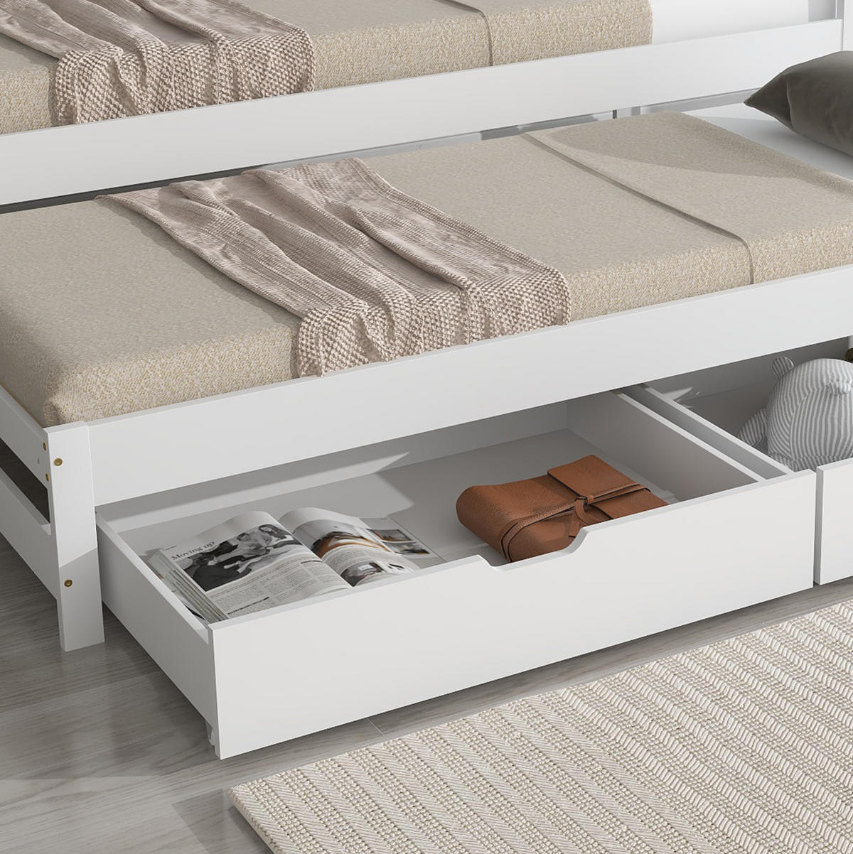 DNEVNI krevet od masivne borovine i MDF-a 90x200 cm bijela s izvlačnim ležajem, 2 ladice i ogradom - bijela, drvni materijal (90/200cm) - Modfu