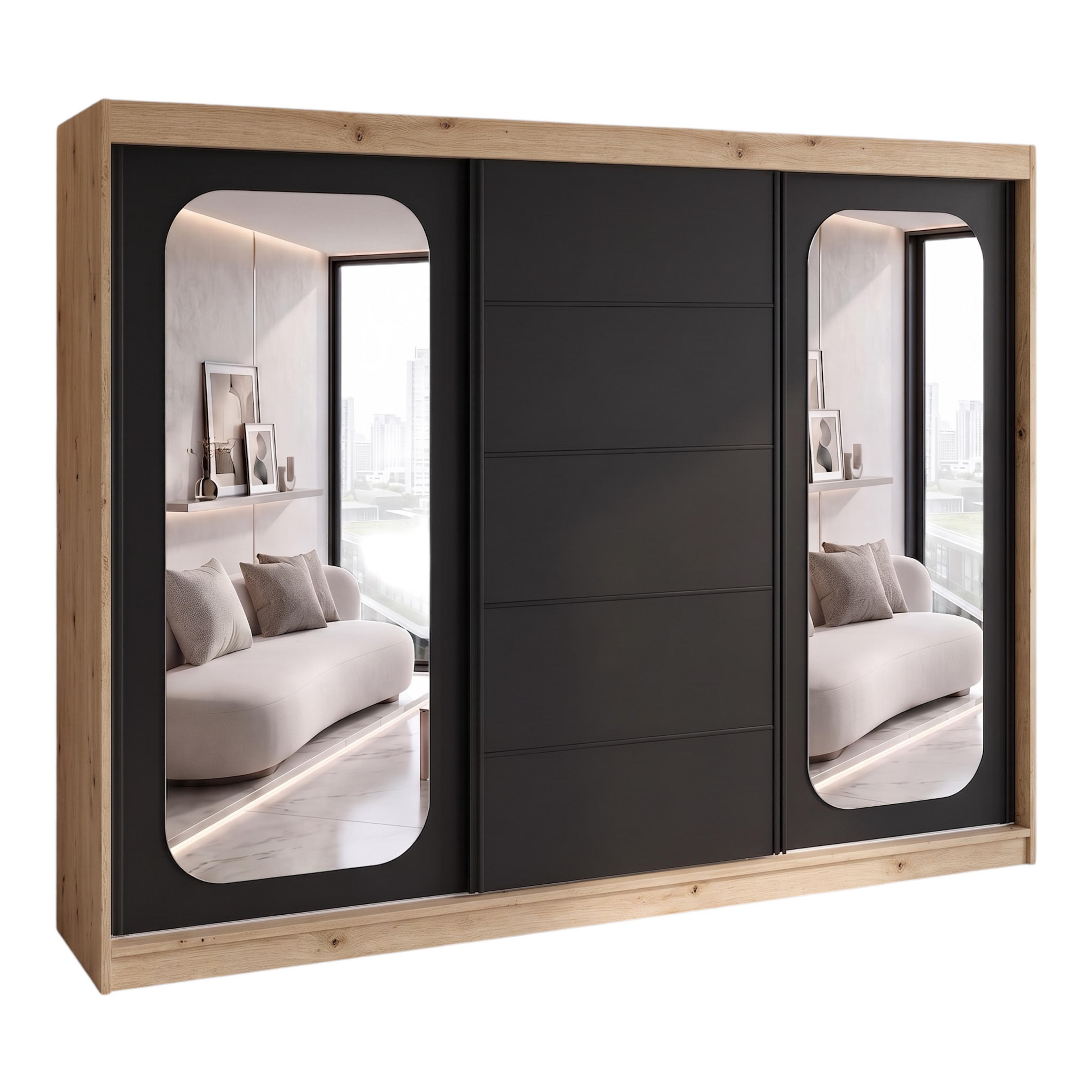 SCHWEBETÜRENSCHRANK BELANO 200 cm. Innenausstattung: Standard - Schwarz/Braun, Holzwerkstoff (200/215/59.5cm) - A&J MöbelLand