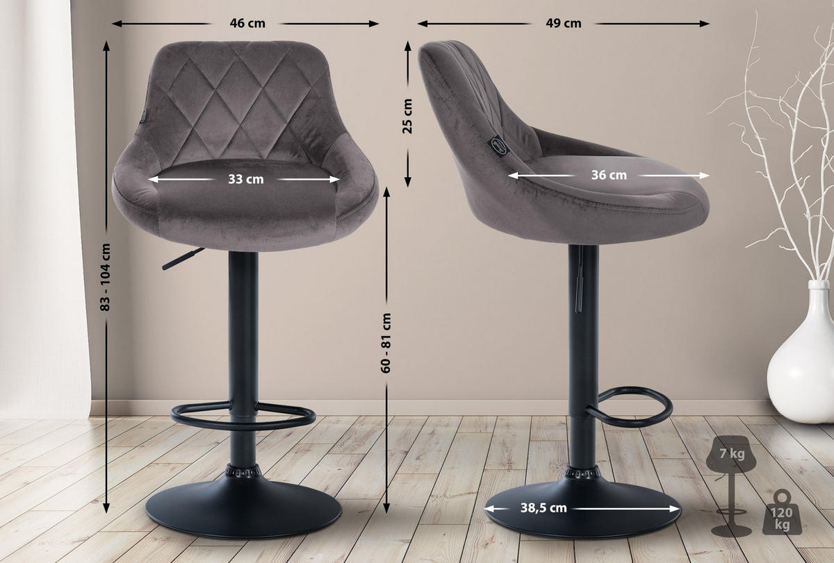 BARHOCKER 2er Set Samt grau - Schwarz/Grau, Textil/Metall (46/83/49cm) - CLP