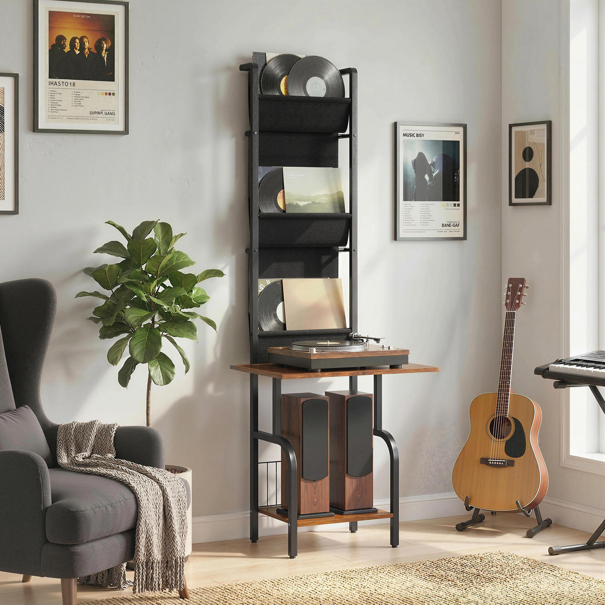 CD-REGAL Braun und Schwarz mit 3 Stofftaschen - Wildeiche, Metall (50/144/48.5cm) - PANGIVO