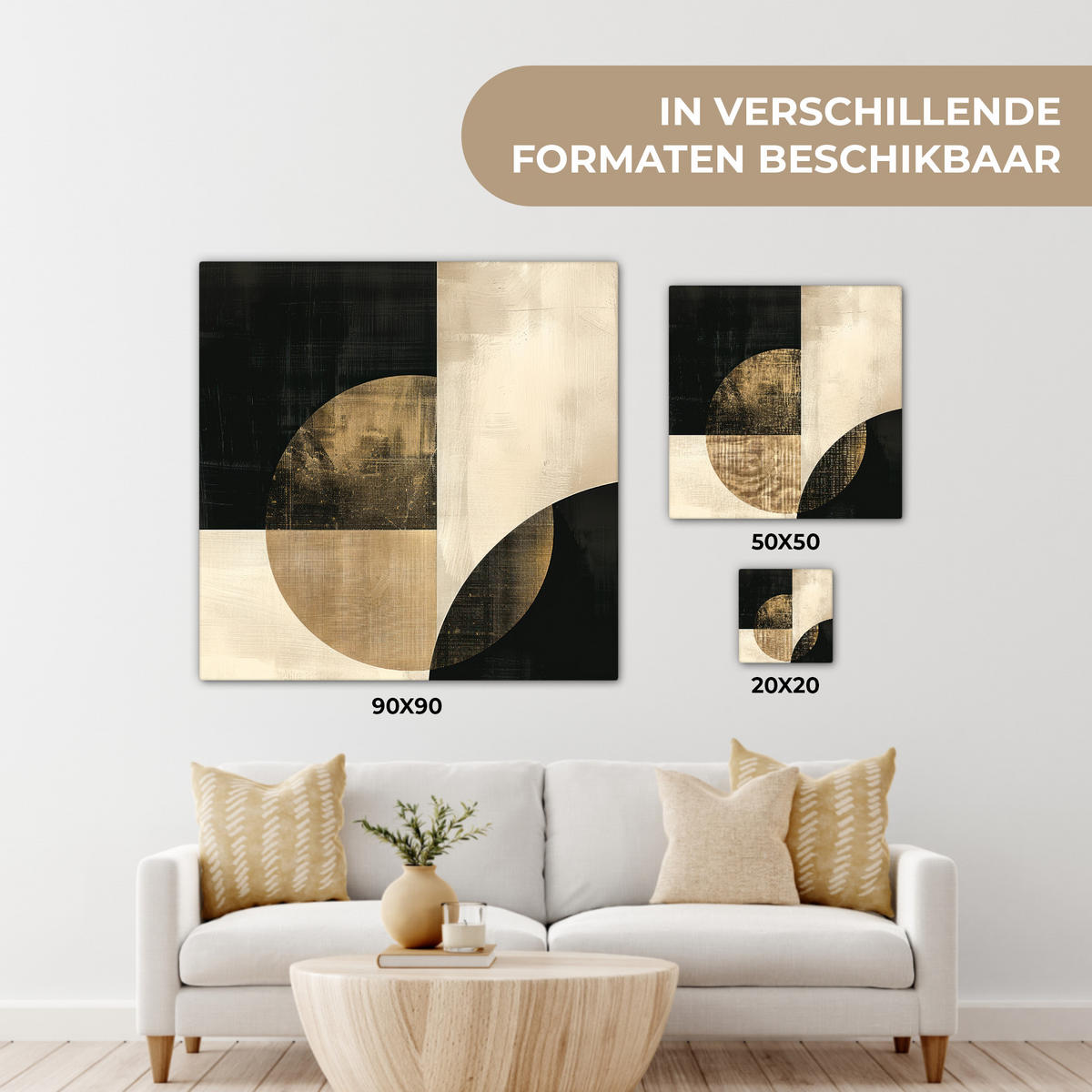 LEINWANDBILD Abstrakt - Geometrische Formen - Schwarz - Gold Deko Groß 90x90 cm - Ecru, Textil (90/90cm) - MuchoWow