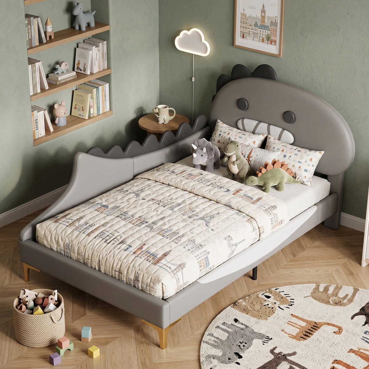 DĚTSKÁ POSTEL PU design dinosaura 90x200 cm s lamelovým roštem - šedá, kůže (90/200cm) - Urban Meuble