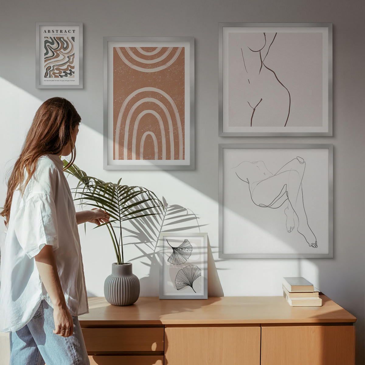 BILDER SET 5er Set - 50x50 cm & 20x30 cm & 40x60 cm Silberner Rahmen - Abstrakte Boho-Blattformen - Silberfarben, Kunststoff (40/60cm) - TULUP