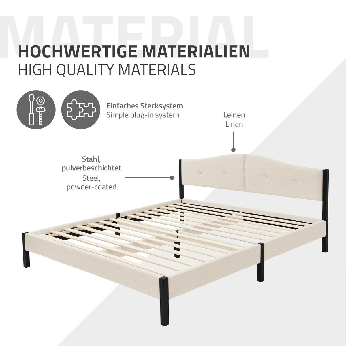 ČALOUNĚNÁ POSTEL 160x200 cm béžová s roštem a lněnou látkou - béžová, kompozitní dřevo/textil (160/200cm) - ML-DESIGN