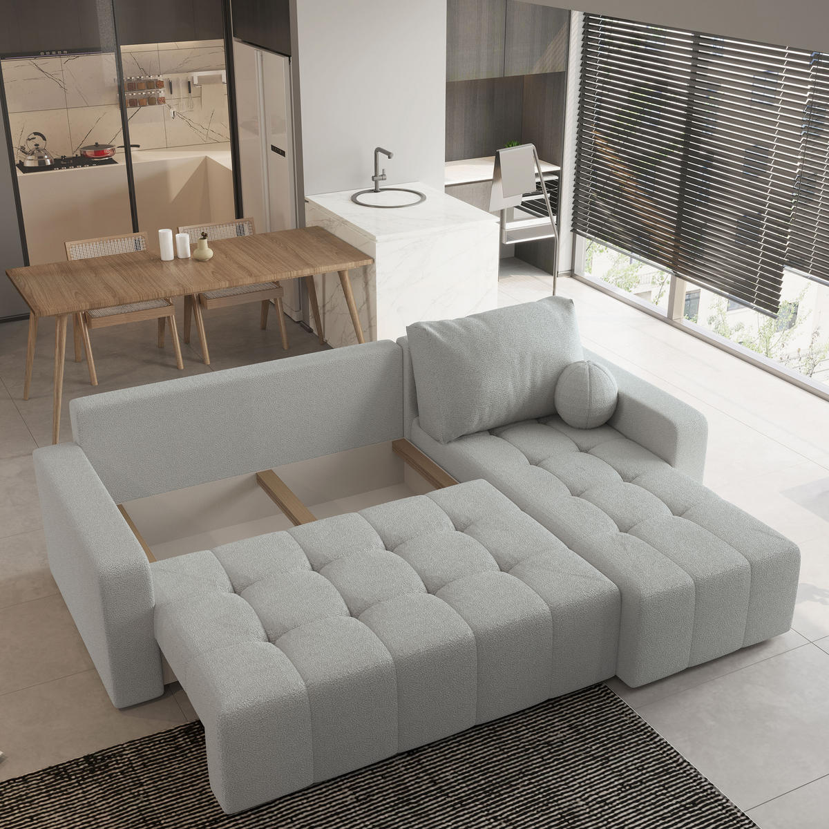 ECKSOFA VOLIRA Hellgrau Boucle-Stoff mit Schlaffunktion - Hellgrau, Holz (230/143cm) - MASSENO