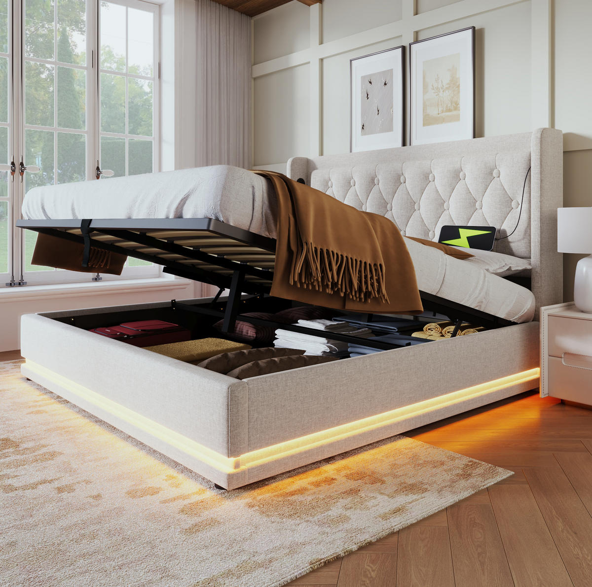 POLSTERBETT aus Baumwolle 180x200 cm in Beige mit LED & USB Typ-C - Beige, Textil (180/200cm) - Modfu