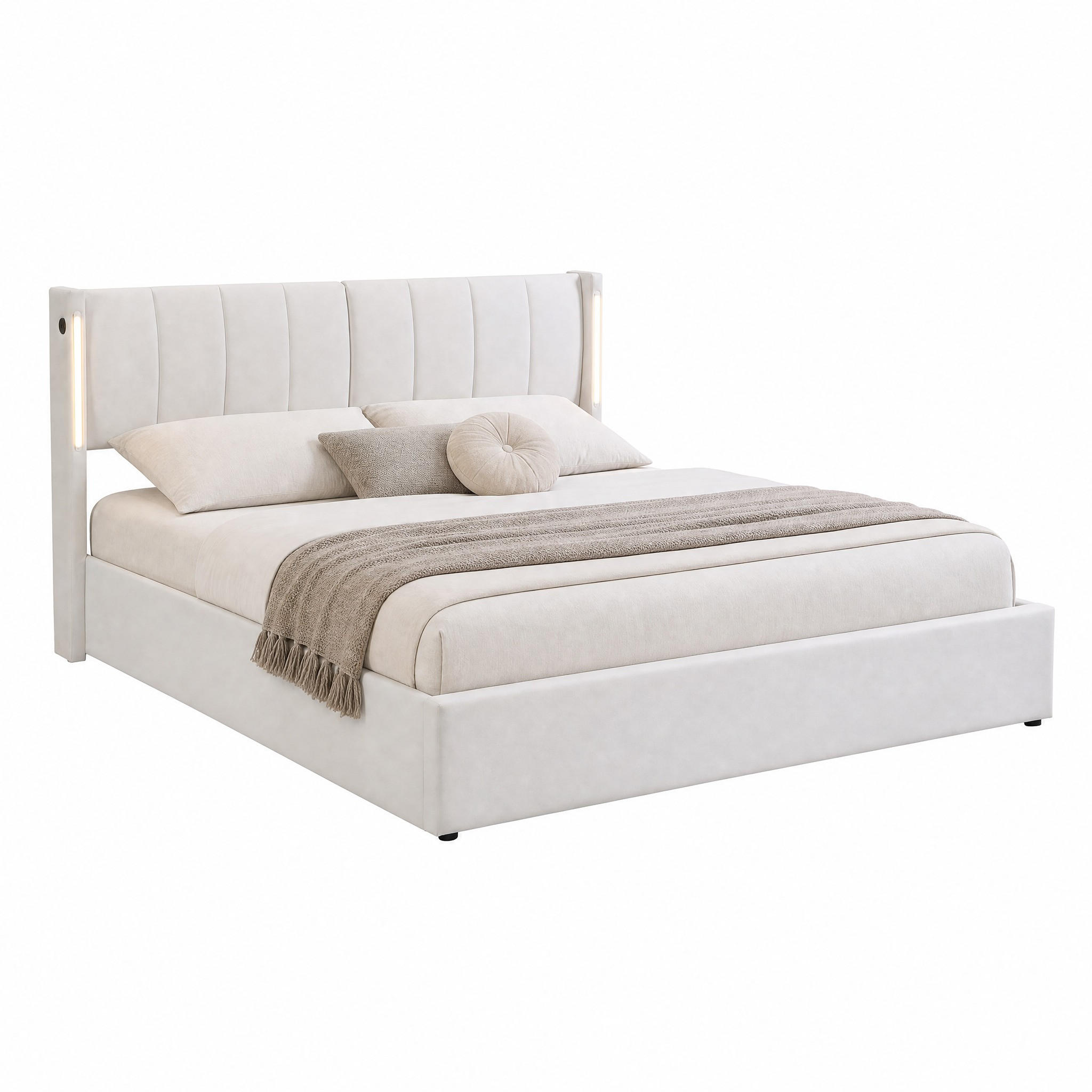 BETT mit Stauraum 140x200 cm PU Weiß mit LED - Weiß, Metall (140/200cm) - Meubliv