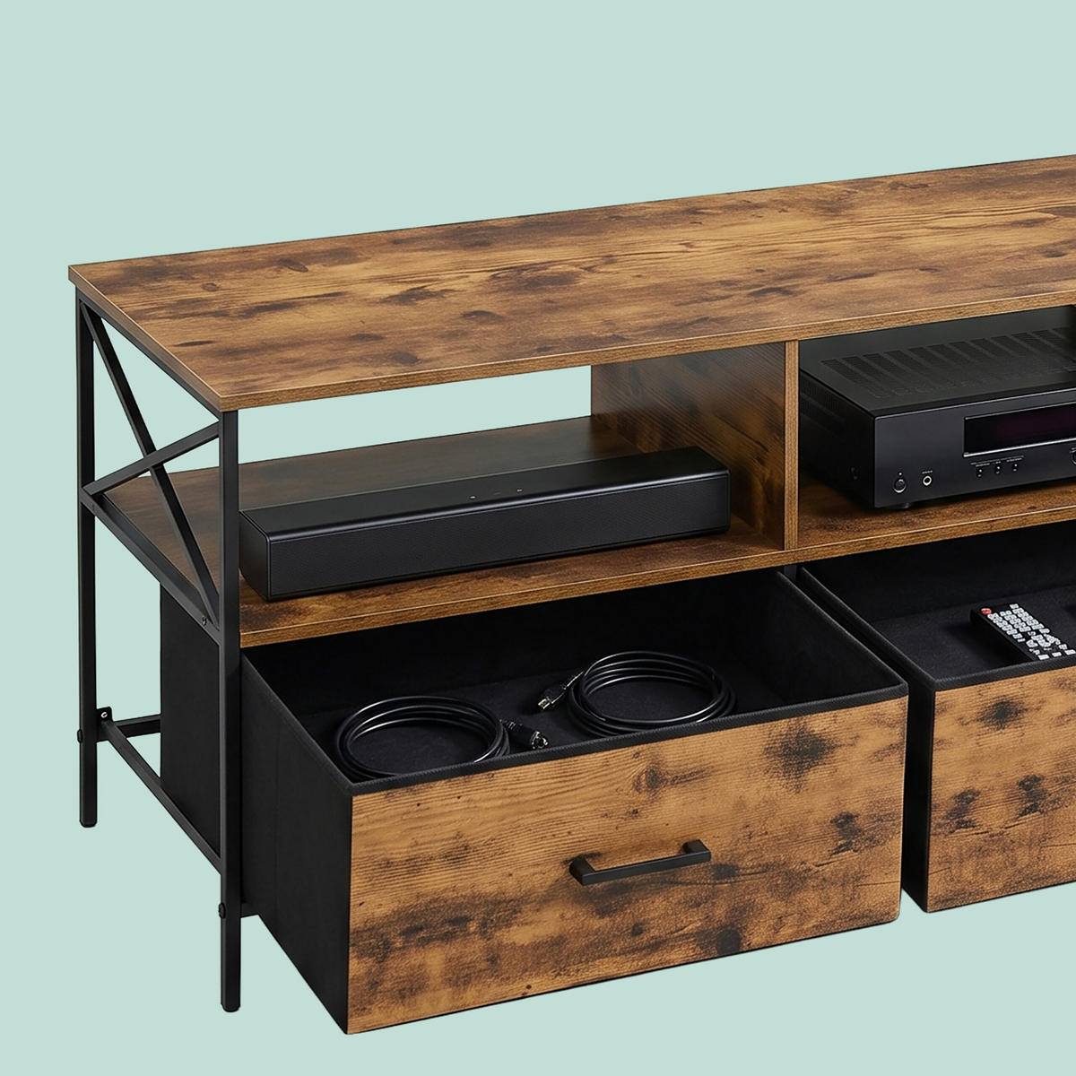 TV-LOWBOARD Industrial-Schwarz Stoffschubladen 120 cm - Braun, Holzwerkstoff/Textil (120/50/40cm) - Relaxdays