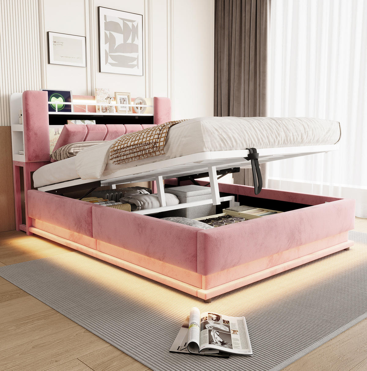 POLSTERBETT 140/200 cm in Rosa mit LED-Beleuchtung, USB und Stauraum - Pink, Textil (140/200cm) - Flora Grace