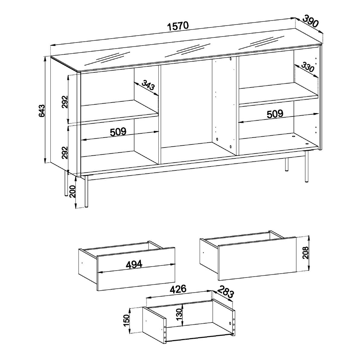 SIDEBOARD OLDEN KOM2 Glasplatte Eiche - Eichefarben, Glas/Holzwerkstoff (157/84/39cm) - Komodee