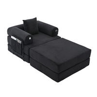 SOFA Cord Schwarz mit Kissen und Hocker - Schwarz, Textil/Metall (112/67/190cm) - WISHDOR