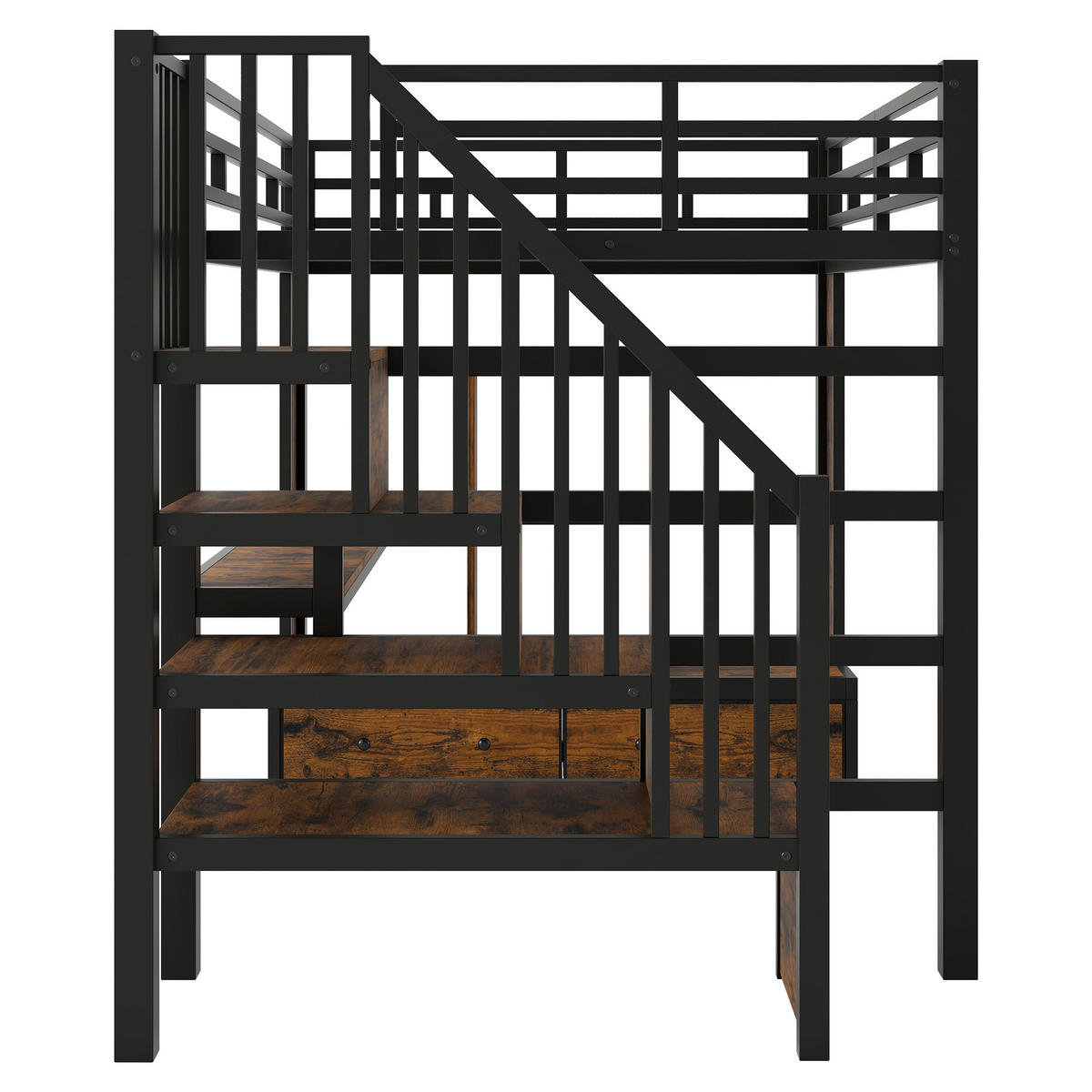 HOCHBETT 140/200 cm in Schwarz mit Schreibtisch, Regalen, 2 Schubladen, Treppe mit Stauraum und LED - Schwarz, Holzwerkstoff/Metall (140/200cm) - STILVORA