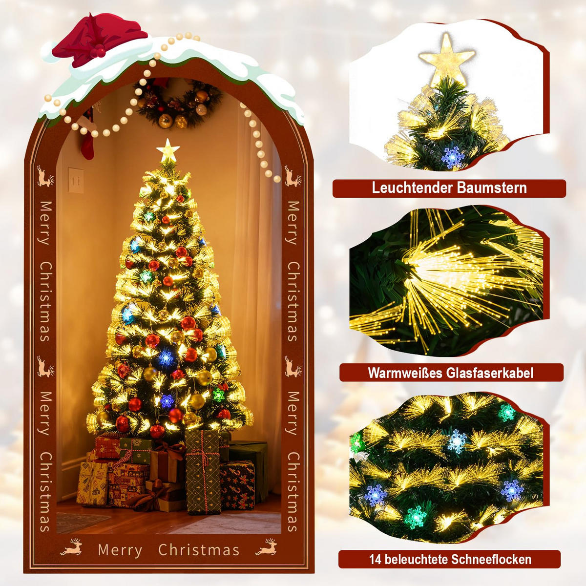 WEIHNACHTSBAUM Tannenform mit 8 Lichtmodi 150 cm warmweiße Glasfaser - Grün, Metall (150cm) - COSTWAY