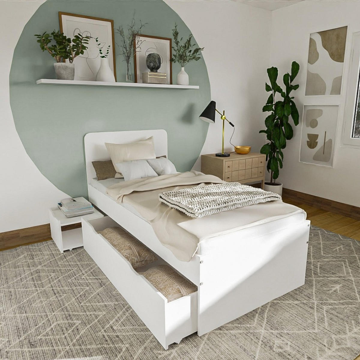 BETT ZENIA mit Nachttisch und Schublade/ Bett 90x190 - Weiß - Weiß, Holzwerkstoff (90/190cm) - Weber Industries