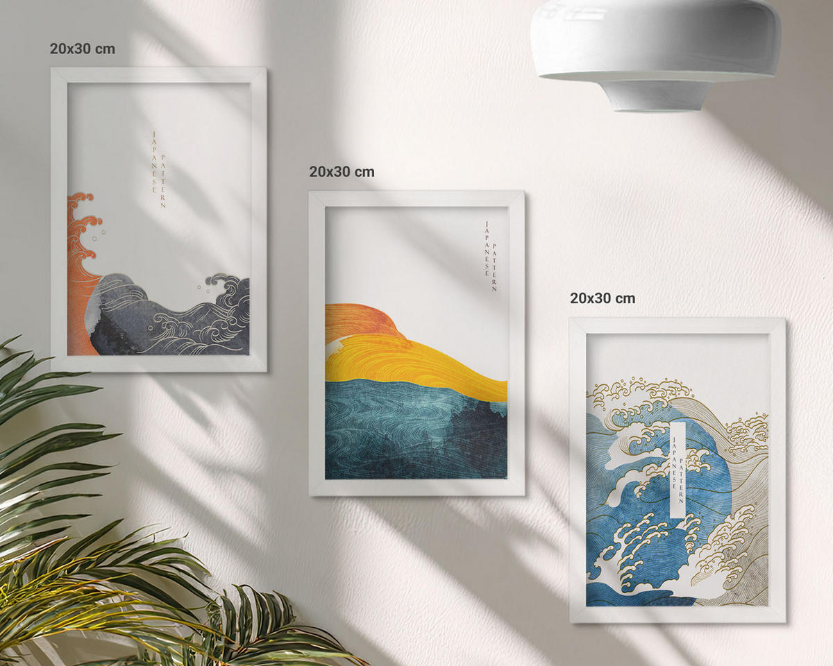 BILDER SET 3er Set - 20x30 cm Weißer Rahmen - Wellen des japanischen Grafikstils - Weiß, Kunststoff (20/30cm) - TULUP