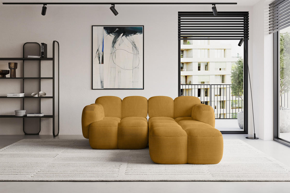 ECKSOFA modulares Sofa Rechts Miko-L1 214x205x75 Senfgelb Cord - Schwarz/Honig, Holzwerkstoff/Kunststoff (214/205cm) - ALTDECOR